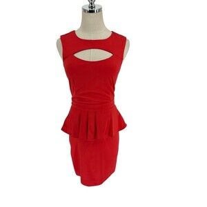 bebe Peplum Dress Womens Size Small Red Keyhole Cutout Sleeveless Pencil Bodycon